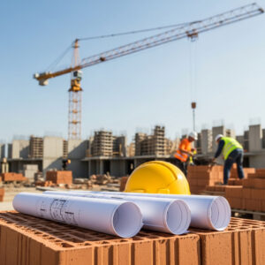 Prüfbefreite Statik-Pläne und Bauhelm auf einer aktiven Baustelle – Schnellerer Baubeginn ohne externe Prüfung
